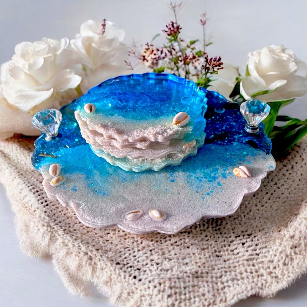 🌊 Handmade Beach Resin Tray & Coaster Set – Epoxy Resin Ocean Art